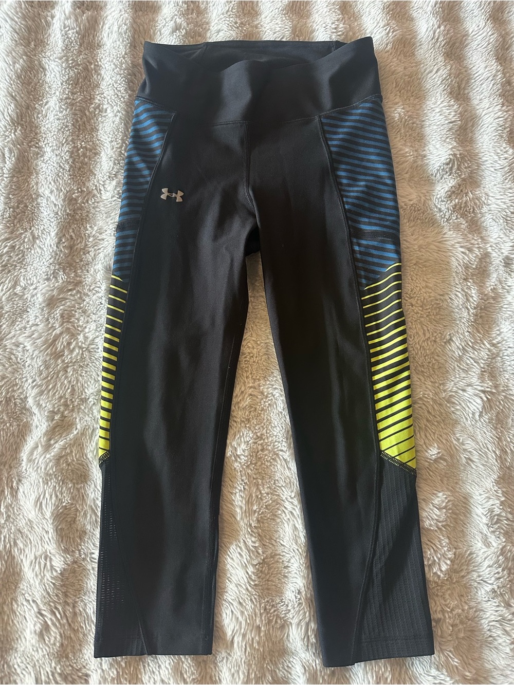 Under Armour Women’s Running Leggings Black Blue Neon Stripe Small